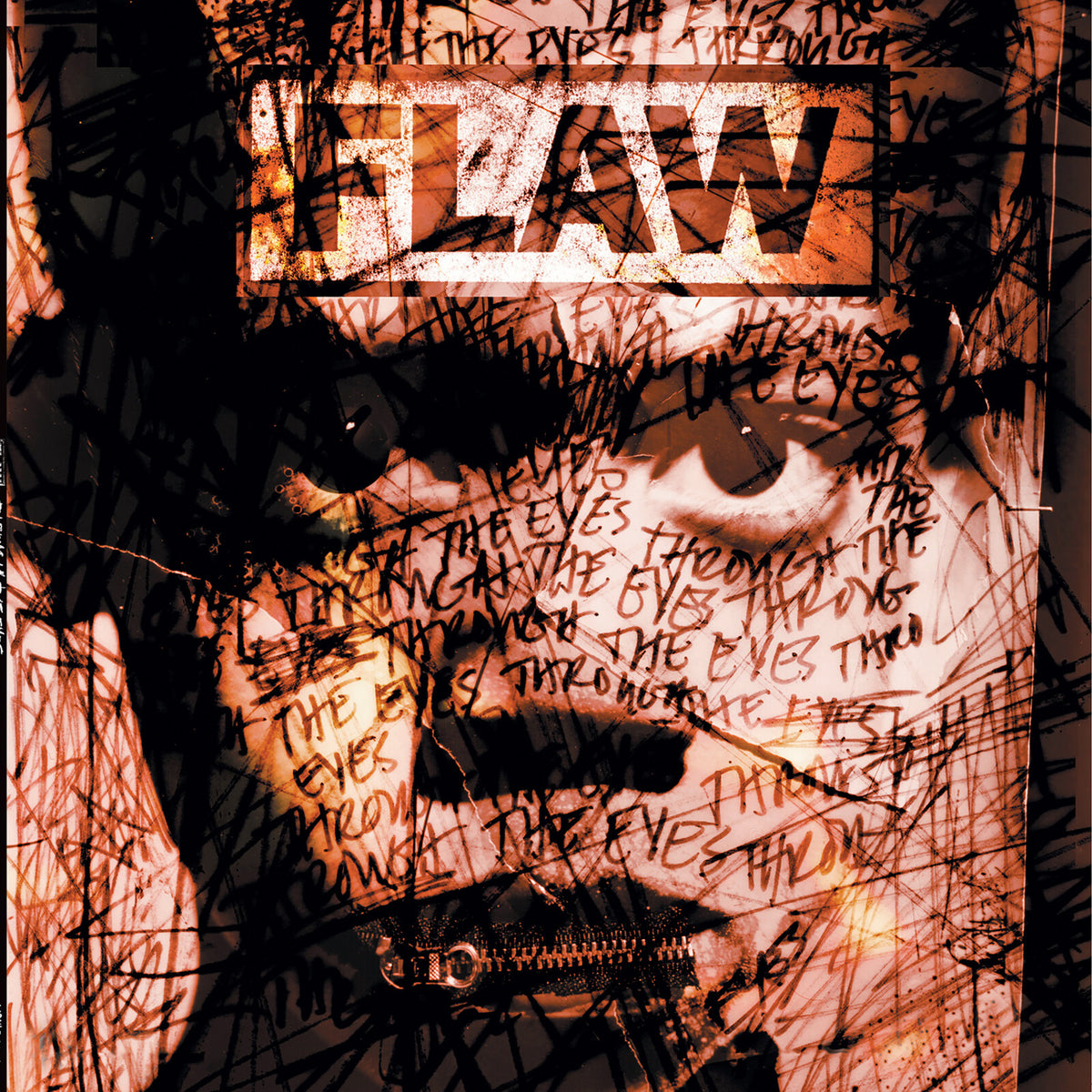 Flaw - Through The Eyes (25th Anniversary) Vinyl Album cover art for Gwar, featuring a stylized face with a zipper mouth and overlaid handwritten text and black scribbles on a warm orange-brown background.