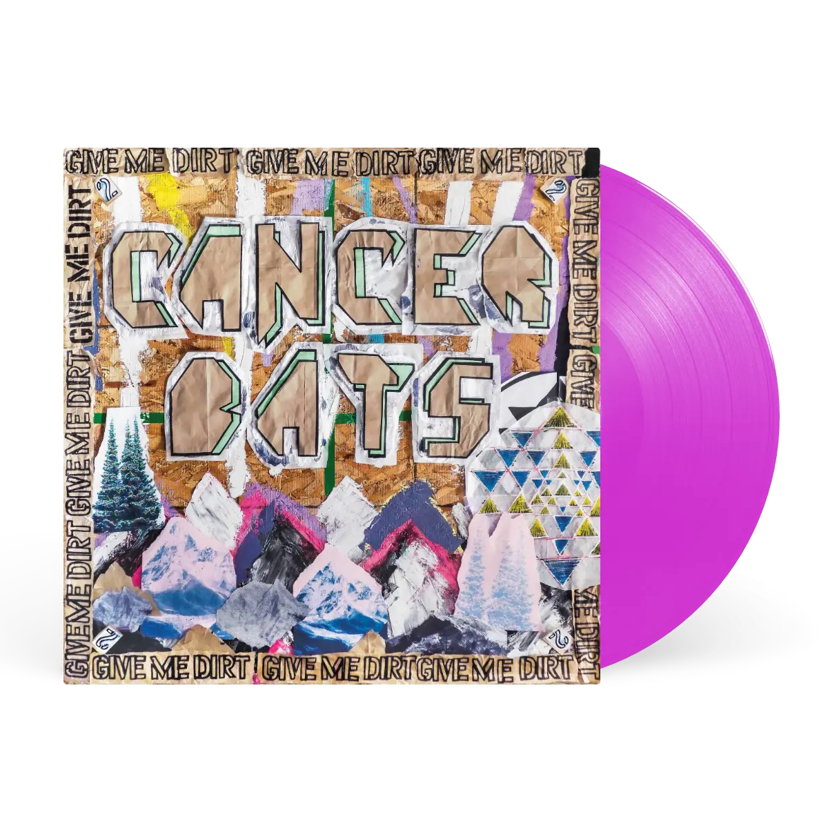 Cancer Bats - Give Me Dirt (Purple Marble) Vinyl Cancer Bats vinyl record album with a bright translucent purple vinyl disc partially visible behind the illustrated album cover, photographed on a plain white background.
