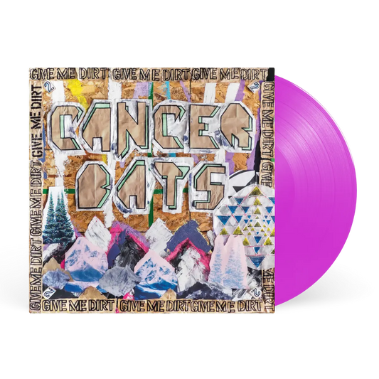 Cancer Bats - Give Me Dirt (Purple Marble) Vinyl Cancer Bats vinyl record album with a bright translucent purple vinyl disc partially visible behind the illustrated album cover, photographed on a plain white background.
