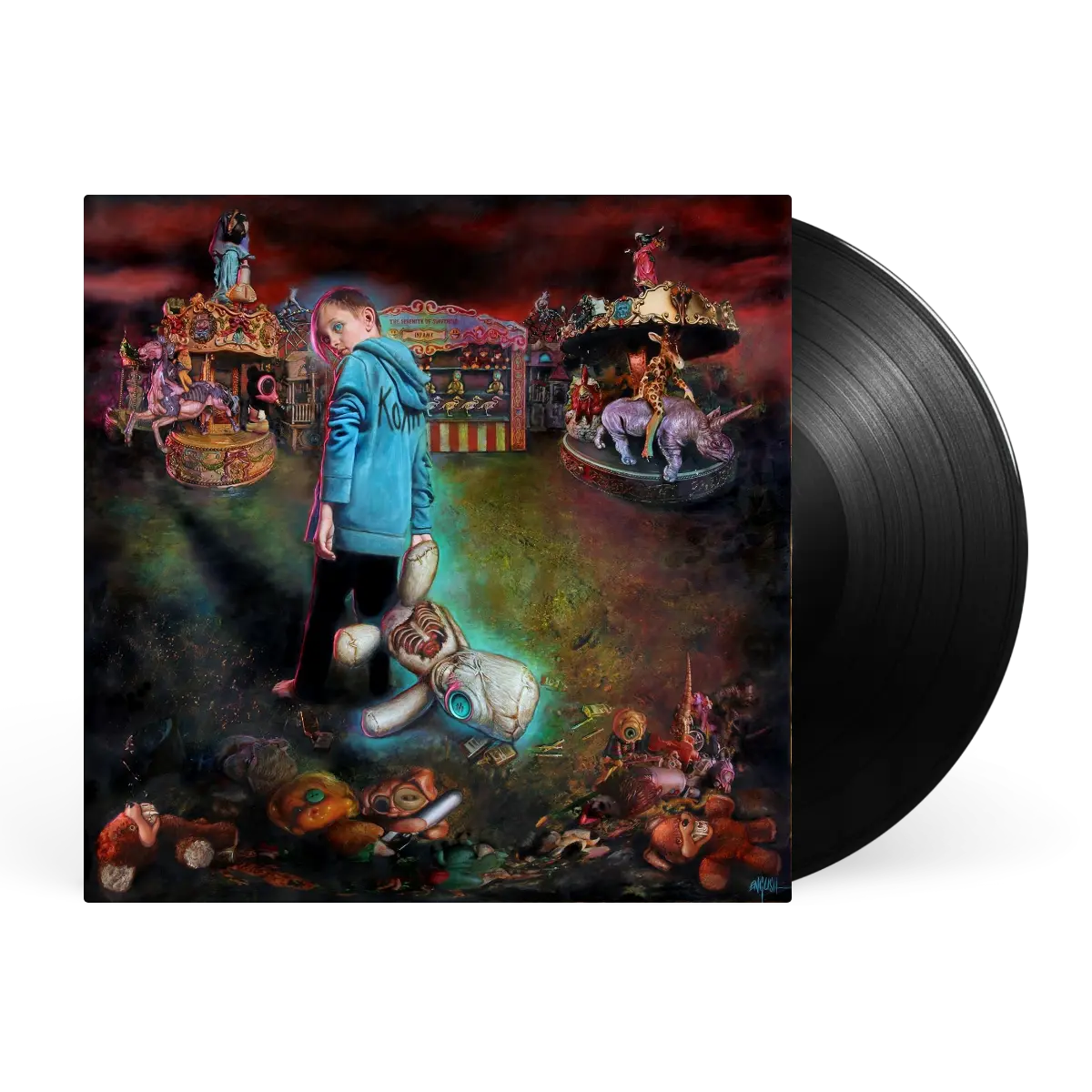 Korn - The Serenity Of Suffering (Limited Edition) Vinyl A vinyl record partially pulled from its sleeve, showing the album cover art and a black record disc on a plain white background.