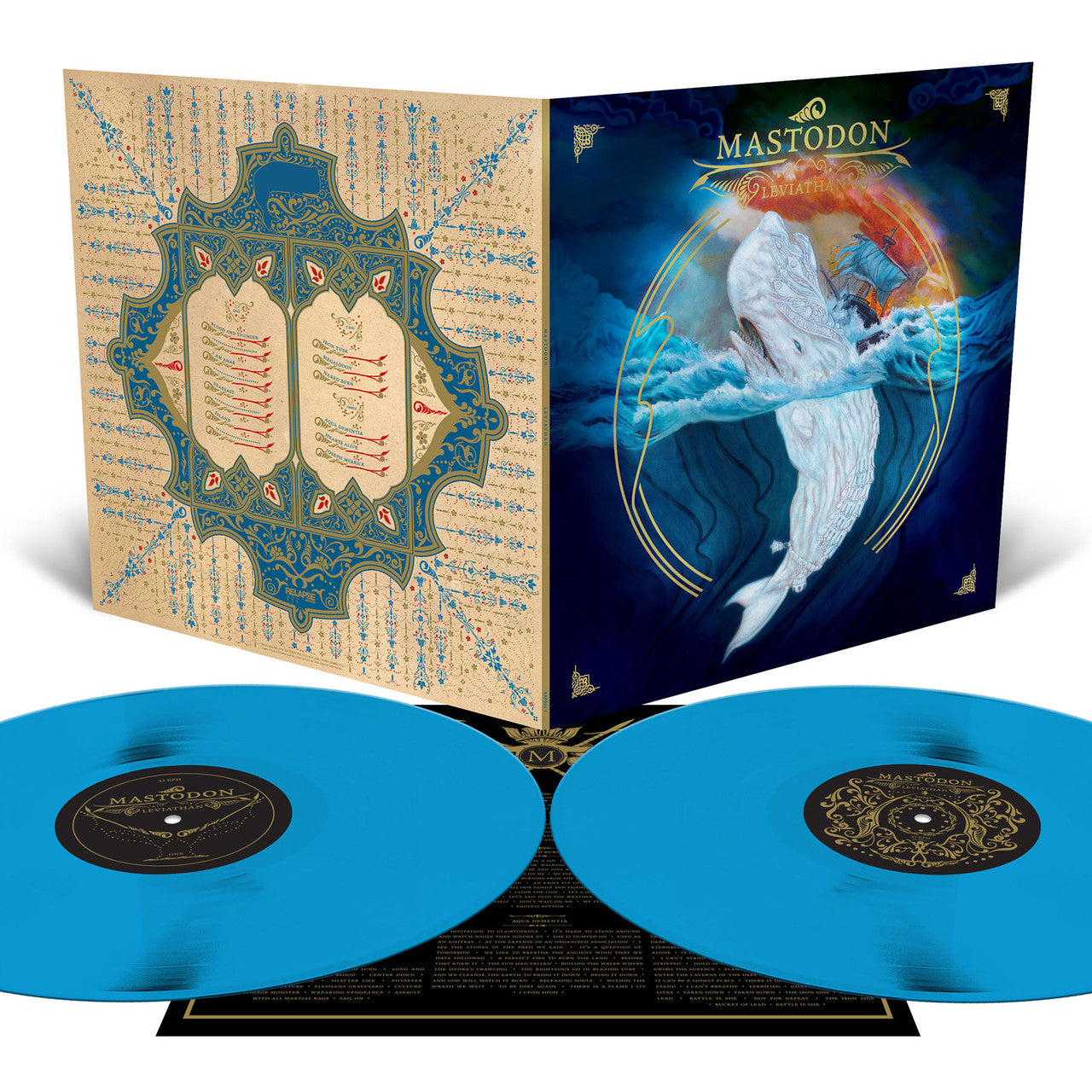 Mastodon - Leviathan Vinyl record set with decorative cover and blue discs, featuring the band Mastodon.