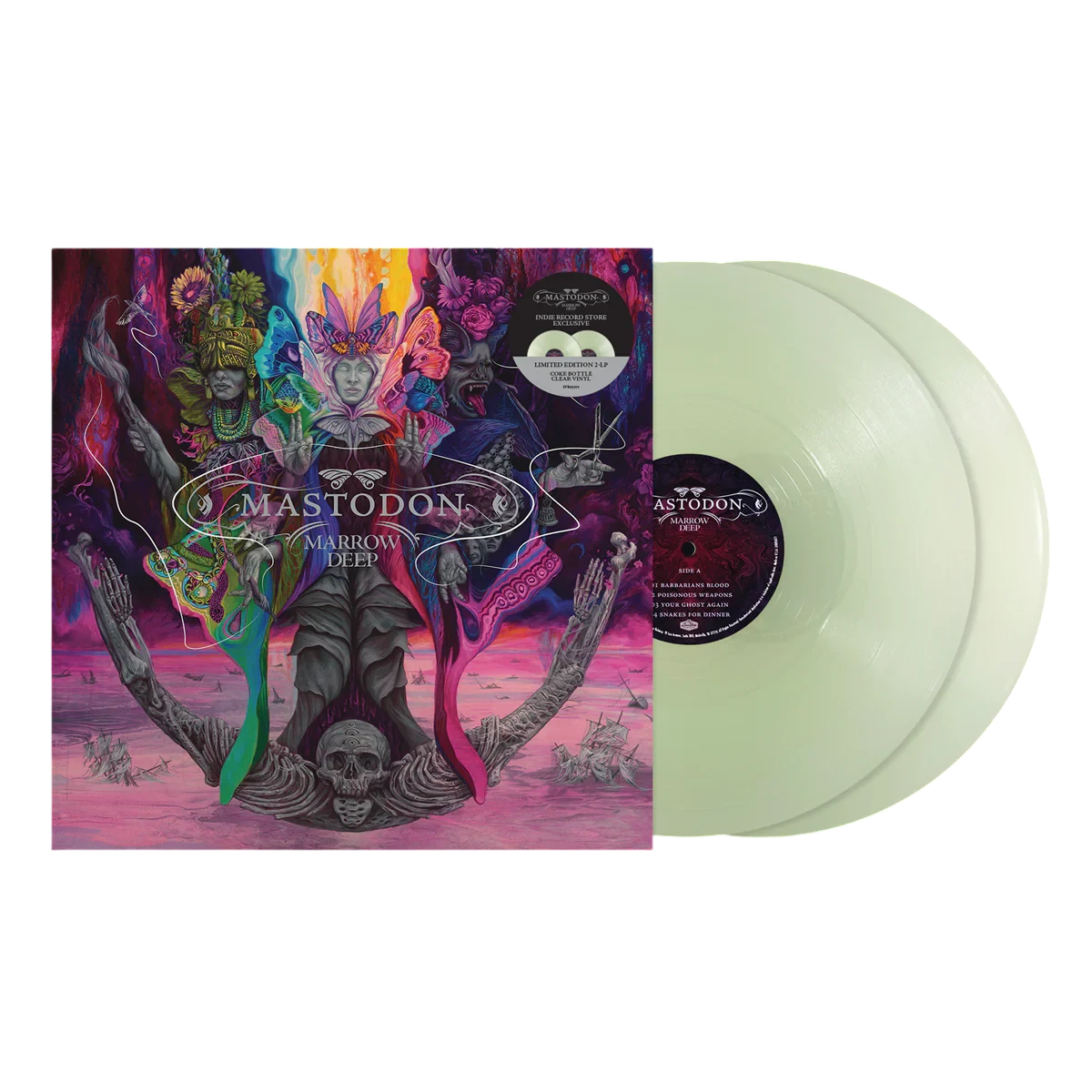 Mastodon - Marrow Deep (Coke Bottle Clear) Vinyl Mastodon - Ambiguous Dream vinyl record set, featuring the illustrated album cover in front of two translucent pale mint green records on a white background.