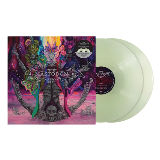 Mastodon - Marrow Deep (Coke Bottle Clear) Vinyl Mastodon - Ambiguous Dream vinyl record set, featuring the illustrated album cover in front of two translucent pale mint green records on a white background.