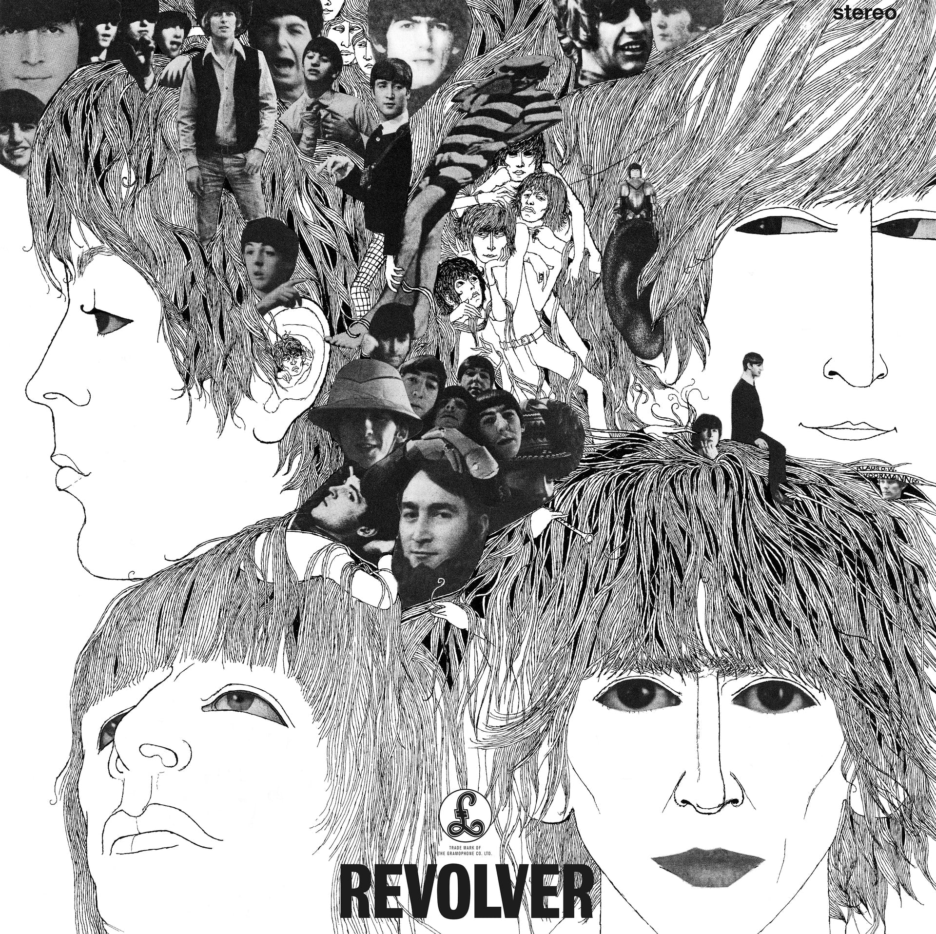 The Beatles - Revolver Vinyl Album cover for 'Revolver' by The Beatles with black and white illustrations of faces and people.