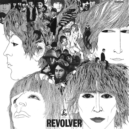 The Beatles - Revolver Vinyl Album cover for 'Revolver' by The Beatles with black and white illustrations of faces and people.