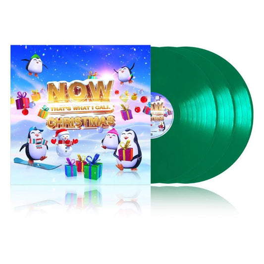 Now That's What I Call Christmas! Vinyl record with a colourful cover featuring penguins and Christmas elements on a white background.