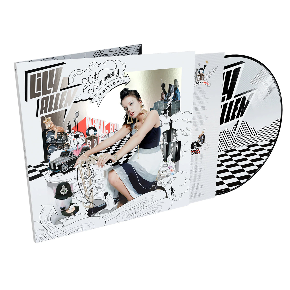 Lily Allen - Alright, Still (Picture Disc) Vinyl Lilly Talli 20th Anniversary Edition vinyl record album with its illustrated outer sleeve and a black-and-white patterned record partially pulled out, shown on a plain white background.