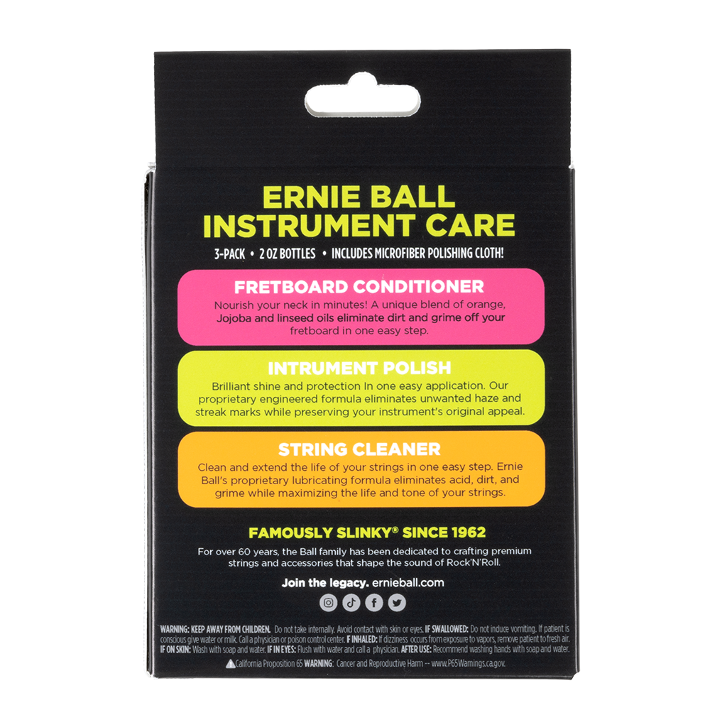 Ernie Ball Instrument Care 3-Pack Pack w/ Microfiber Cloth Back