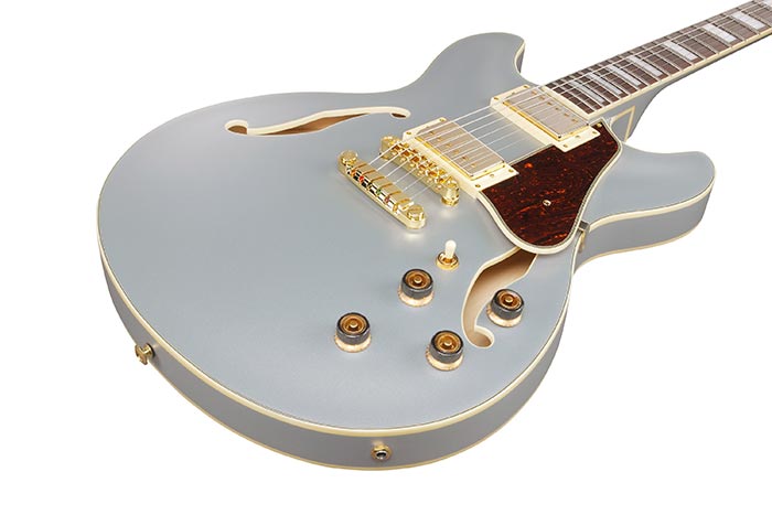 Ibanez AS73G-MSF Silver electric guitar with gold hardware on a white background