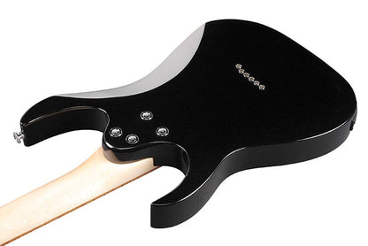 Ibanez GRGM21-BKN Close-up of a black electric guitar body with visible brand name on a white background