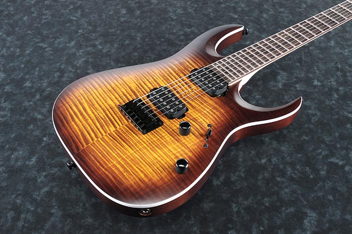 Ibanez RGA42FM Electric guitar with a sunburst finish on a dark textured background