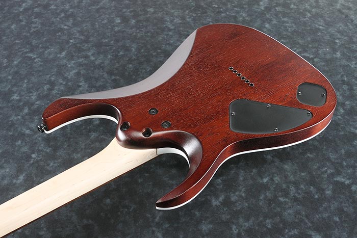 Ibanez RGA42FM Guitar body with a wooden finish on a gray background