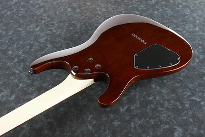 Ibanez S621QM-DEB Wooden guitar body with brand logo on a gray background