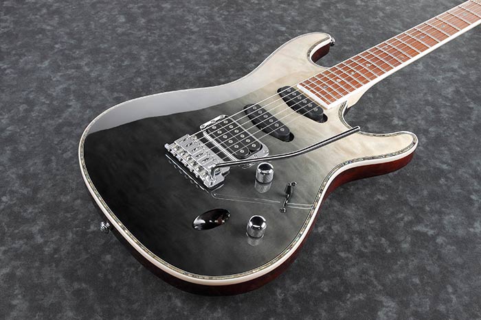 Ibanez SA360NQM-BMG Electric guitar with a black and silver design on a textured gray background