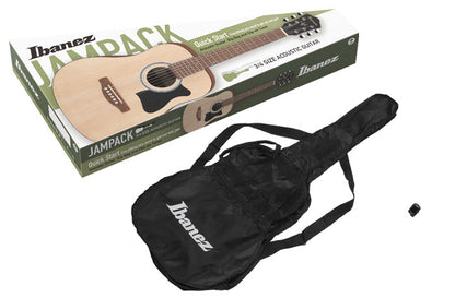 Ibanez V30NJP-OPN Ibanez acoustic guitar with carrying case and Jampack box on a white background