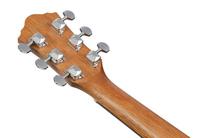 Back view of Ibanez V40CE-OPN guitar headstock with chrome tuning pegs and open pore wood finish.