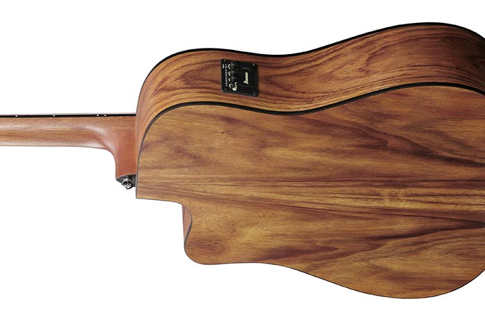 Back view of Ibanez V40WSCE-OPB electro-acoustic guitar showcasing open pore brown finish.