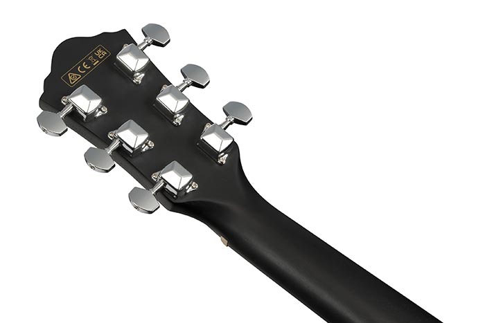 Close-up of a black ibanez V44CE-WK guitar headstock with tuning pegs on a white background