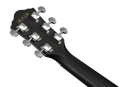 Close-up of a black ibanez V44CE-WK guitar headstock with tuning pegs on a white background
