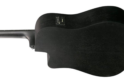 Close-up of a black Ibanez V44CE-WK acoustic guitar body with a visible brand logo on a white background