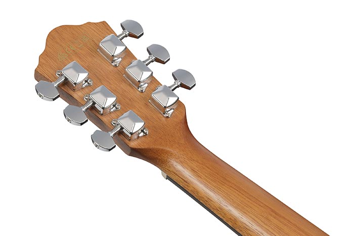 Ibanez V44MINIE guitar headstock featuring chrome tuning machines and natural wood finish.
