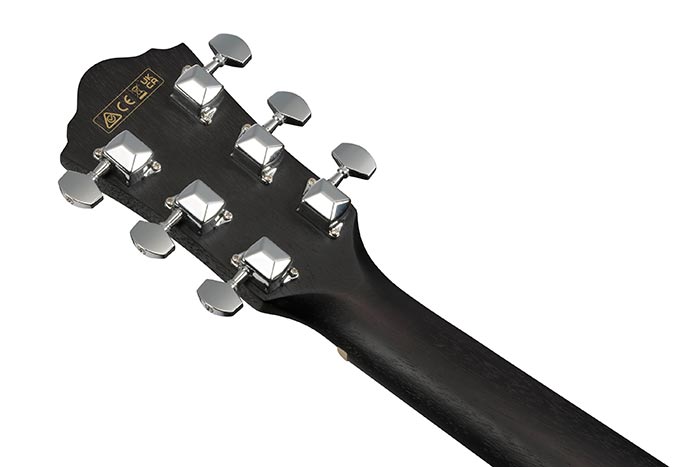 Ibanez VC44CE-WK acoustic guitar headstock showing tuning pegs in Weathered Black finish.