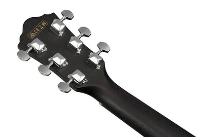 Ibanez VC44CE-WK acoustic guitar headstock showing tuning pegs in Weathered Black finish.