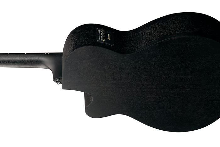 Back view of the Ibanez VC44CE-WK V-Series Electro-Acoustic guitar in Weathered Black finish.