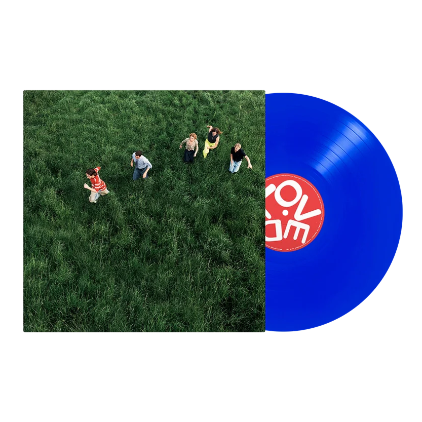Parcels - LOVED Blue vinyl record with a red label featuring a white logo, next to an aerial view of people sitting on grass.
