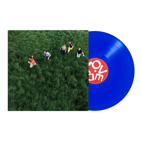 Parcels - LOVED Blue vinyl record with a red label featuring a white logo, next to an aerial view of people sitting on grass.