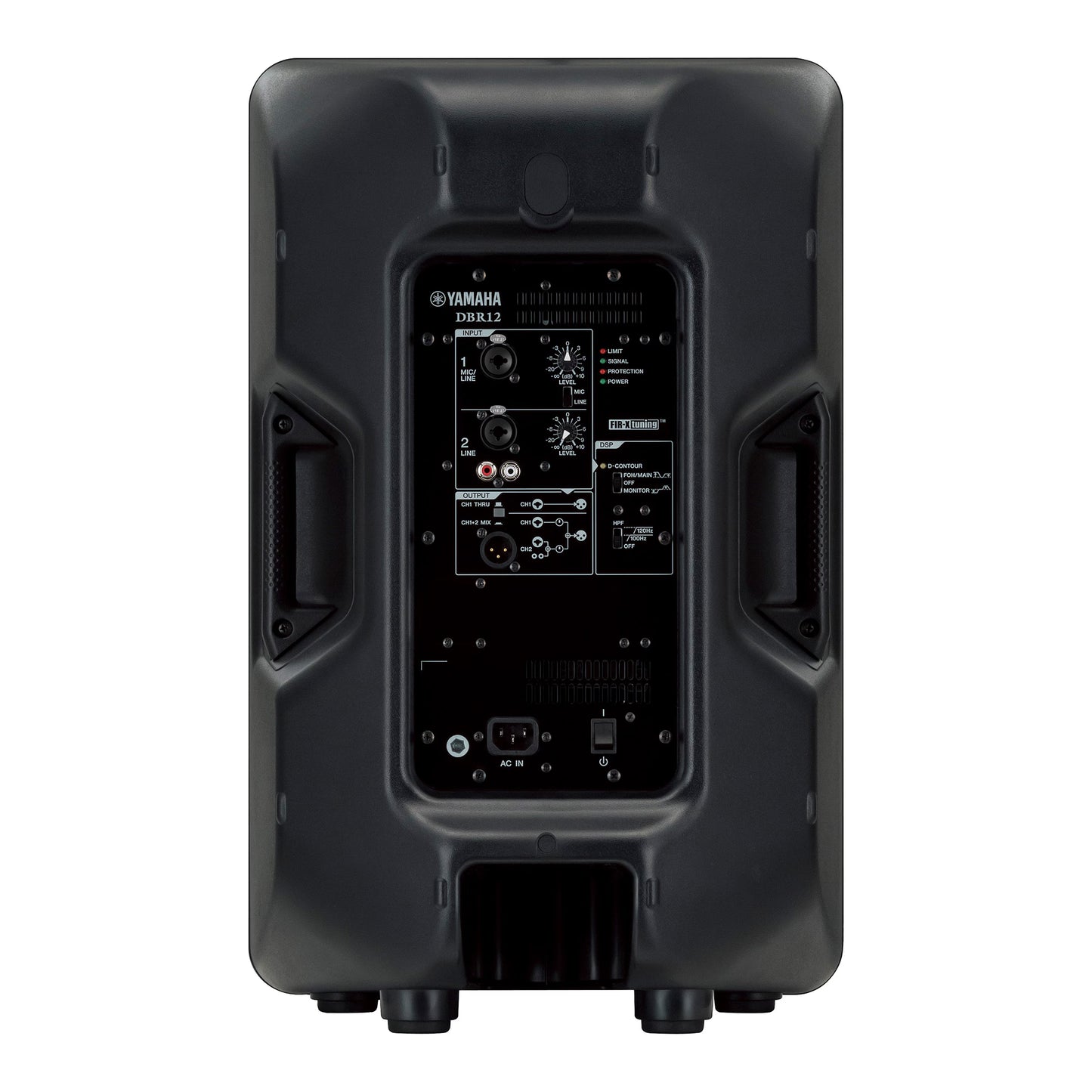 Yamaha DBR12 Black Yamaha speaker with control panel on a white background