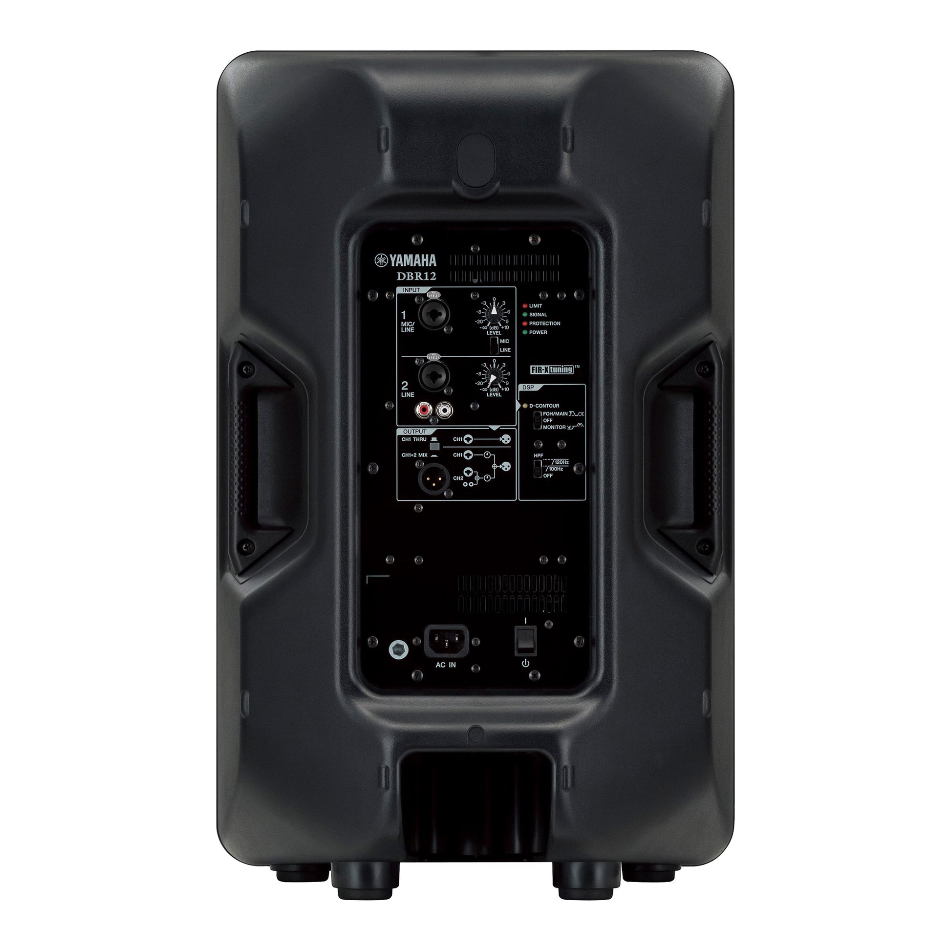 Yamaha DBR12 Black Yamaha speaker with control panel on a white background