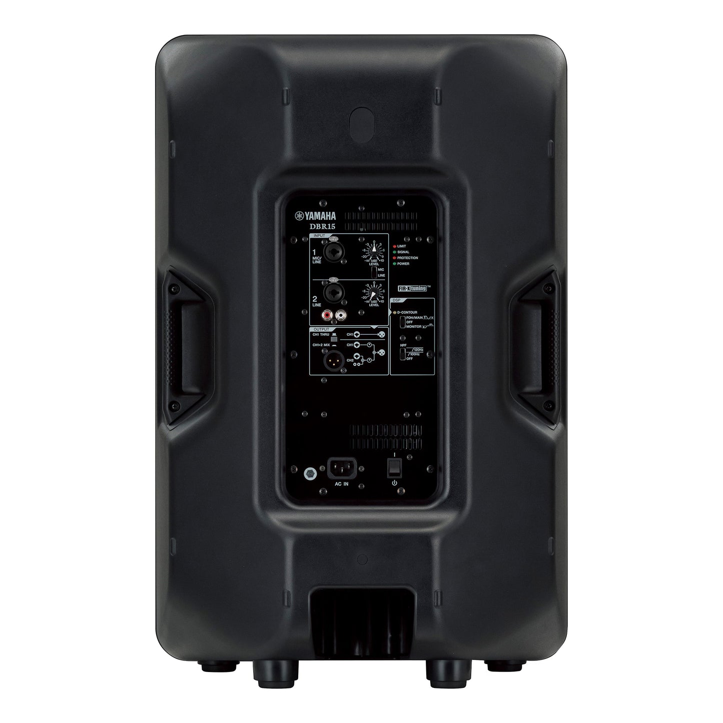 Yamaha DBR15 Black speaker with control panel on a white background
