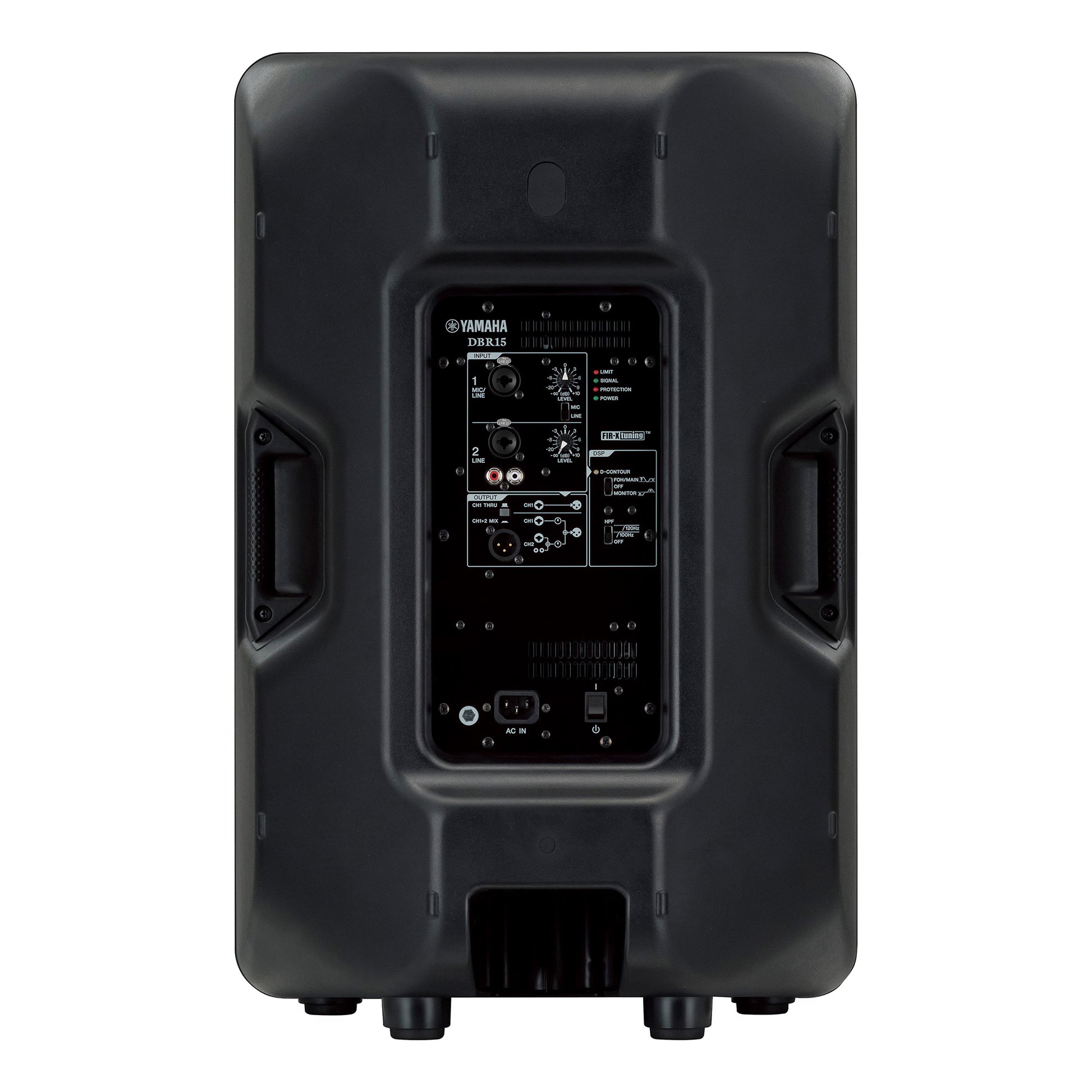 Yamaha DBR15 Black speaker with control panel on a white background