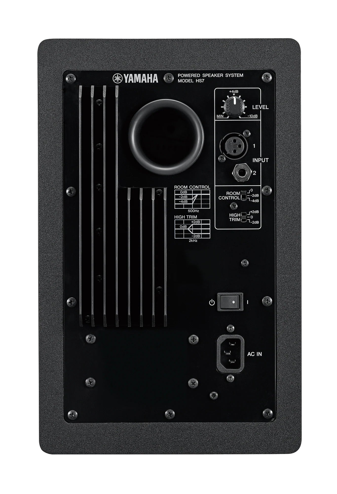 Yamaha HS7 Back panel of a Yamaha powered speaker system on a white background