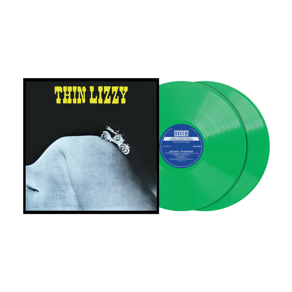 Thin Lizzy - Thin Lizzy Thin Lizzy 'Motorcycle' 2LP vinyl record set, featuring a black album cover with yellow text and a green translucent record partially pulled out, on a white background.
