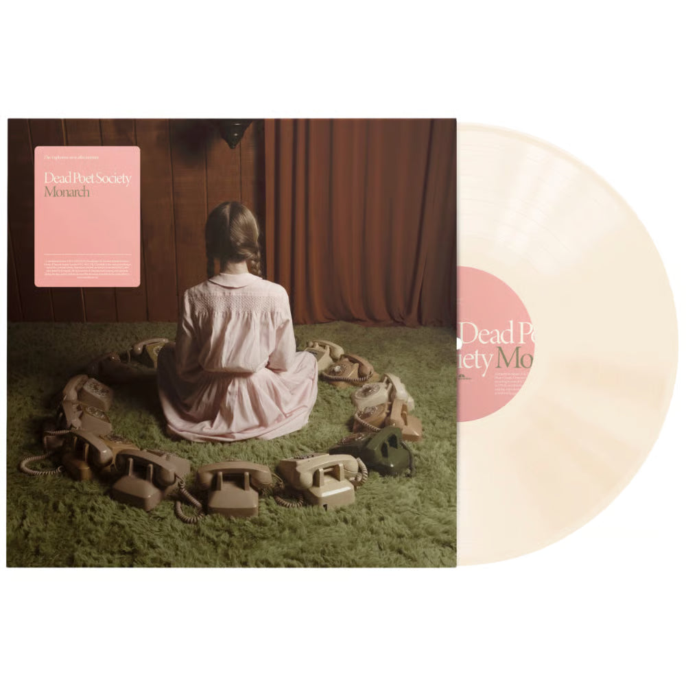 Dead Poet Society - Monarch (Cream) Vinyl Dead Pet Society's 'Monarchy' vinyl record album, featuring the illustrated cover art on the left and a translucent pale pink record on the right, set against a plain white background.