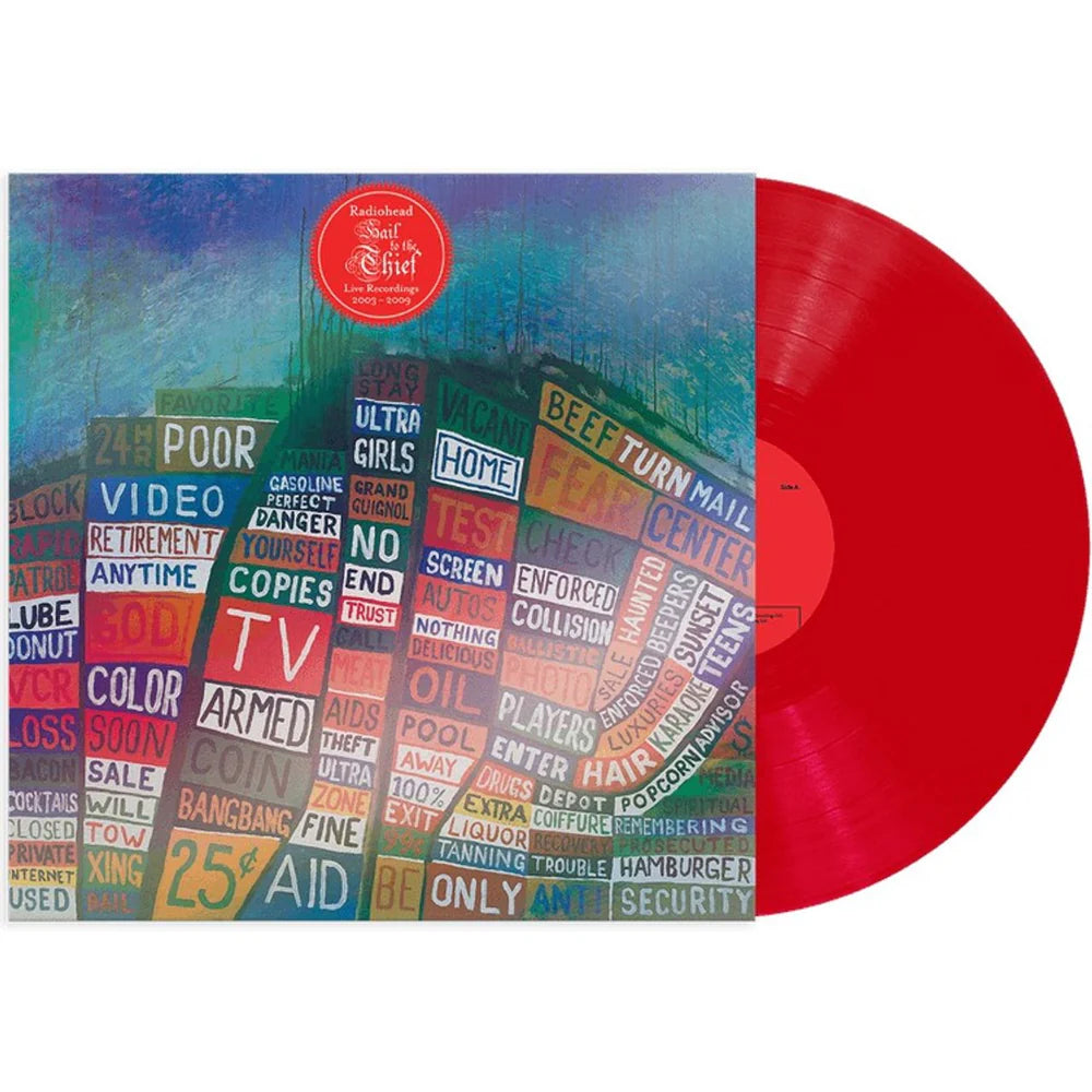Radiohead - Hail To The Thief Vinyl record with colourful cover and red disc on a white background