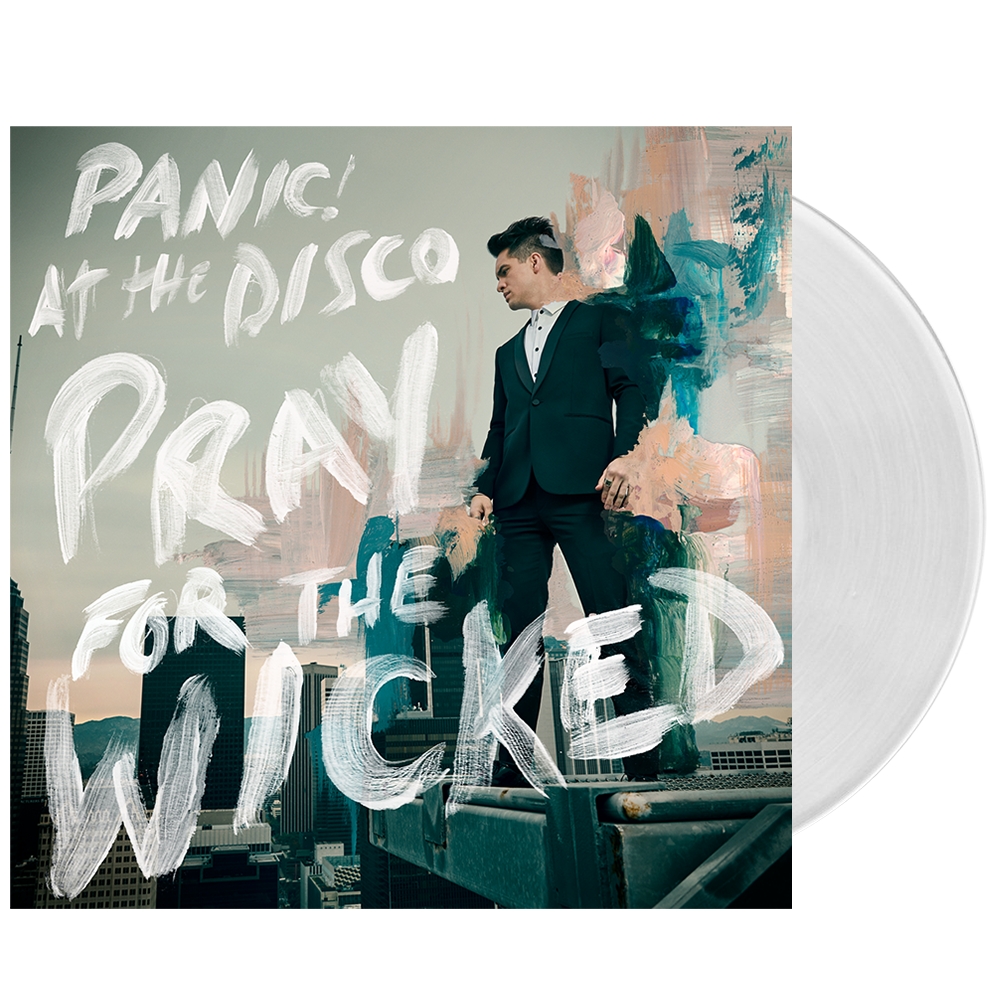 Panic! At The Disco - Pray For The Wicked (Limited Edition Clear) Vinyl Panic! At The Disco's 'Pray For The Wicked' vinyl record album, featuring a translucent clear record partially pulled from its illustrated square sleeve.