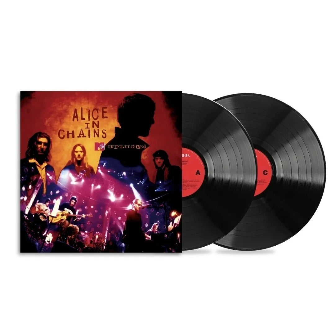 Alice In Chains - MTV Unplugged Vinyl Alice in Chains 'Plugged' vinyl record album with the illustrated sleeve cover and two black LP records partially visible on a white background.