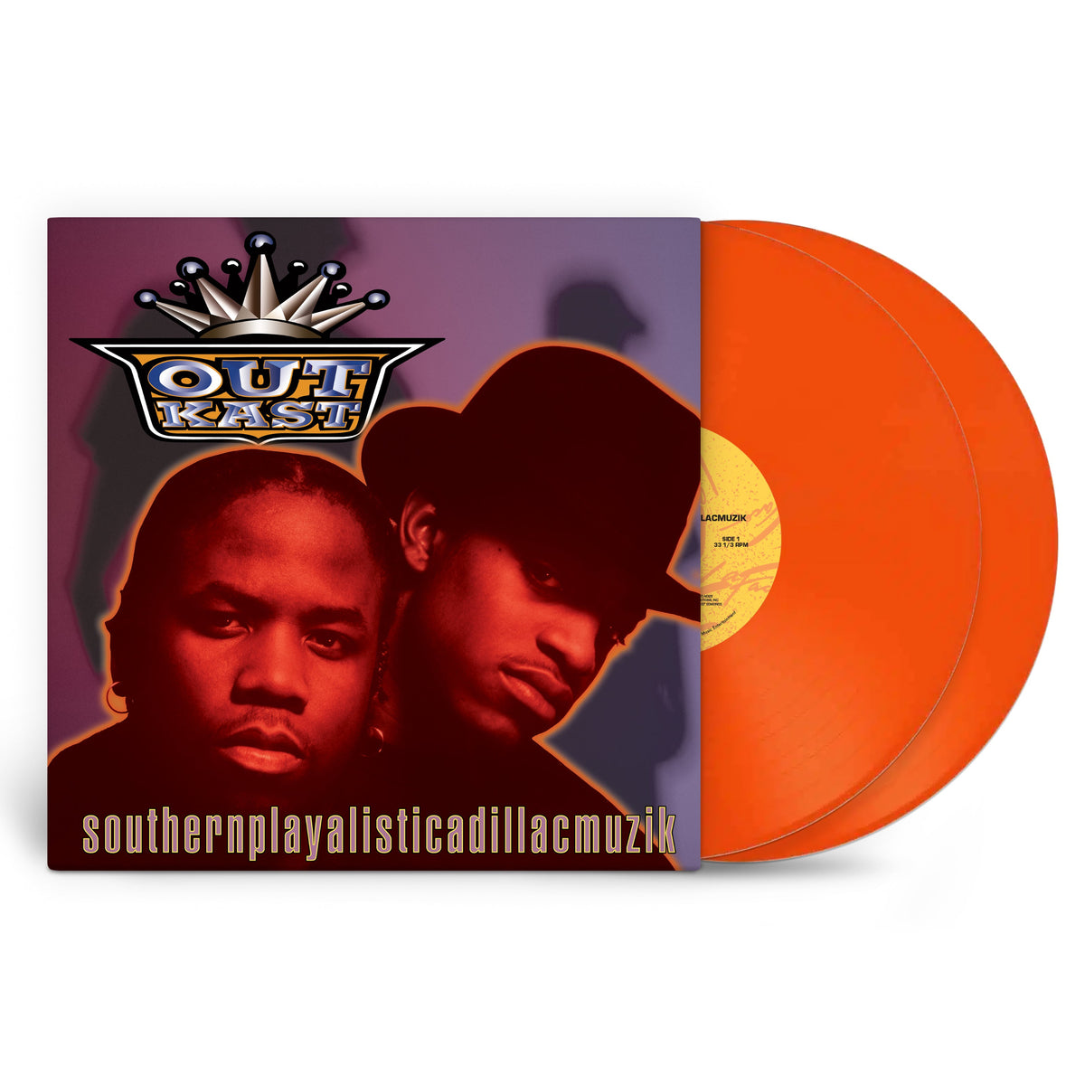 Outkast - Southern-Playalist-Icadillac-Muzik (Double Orange) Vinyl A vinyl record album shown with its square cover sleeve and two translucent orange records partially visible. The cover features a stylized portrait of two men and the text 'OUT EAST' and 'southernplayalisticadillacmuzik'.