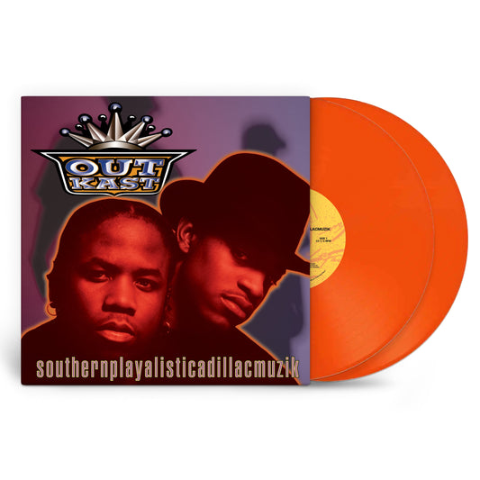 Outkast - Southern-Playalist-Icadillac-Muzik (Double Orange) Vinyl A vinyl record album shown with its square cover sleeve and two translucent orange records partially visible. The cover features a stylized portrait of two men and the text 'OUT EAST' and 'southernplayalisticadillacmuzik'.