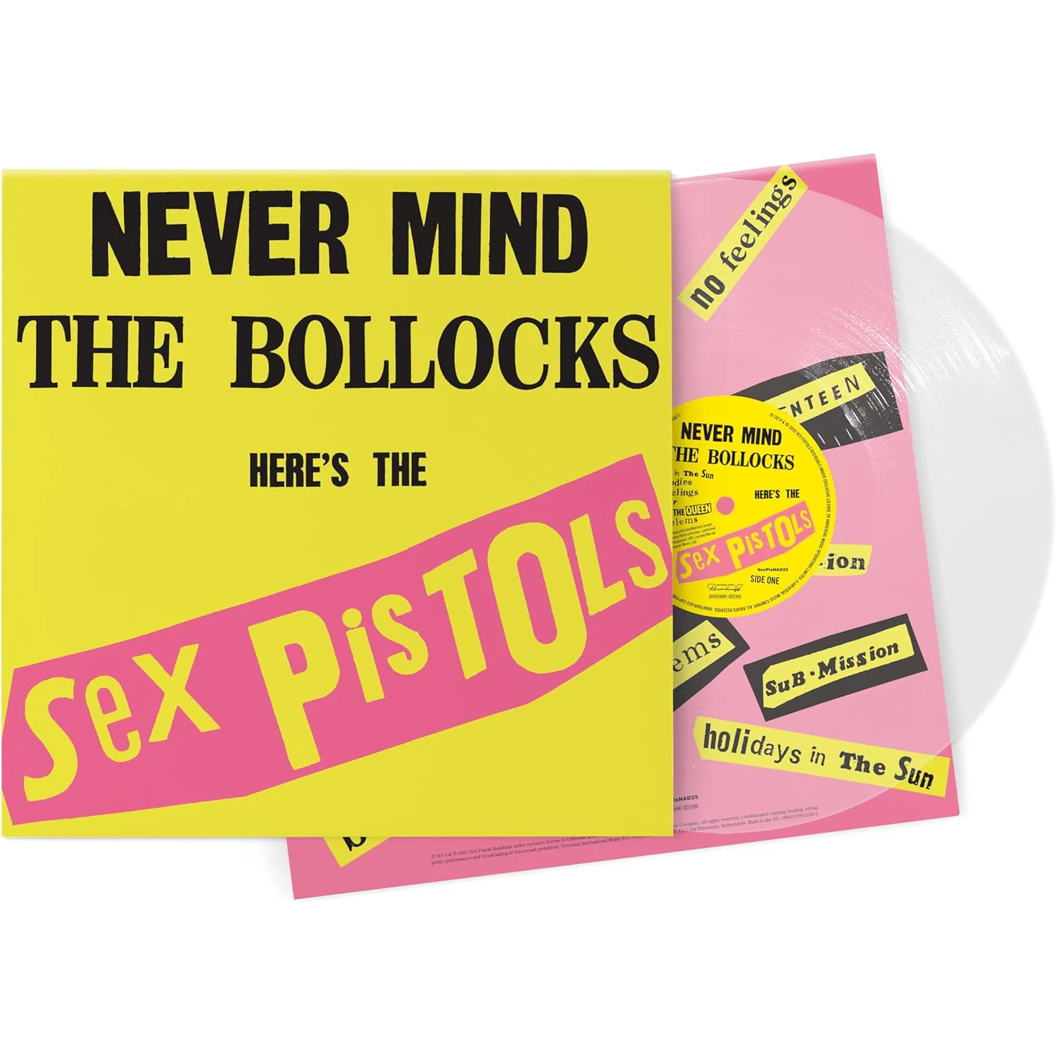 Sex Pistols - Never Mind The Bollocks Vinyl record with 'Sex Pistols' cover featuring bold text on a yellow and pink background.