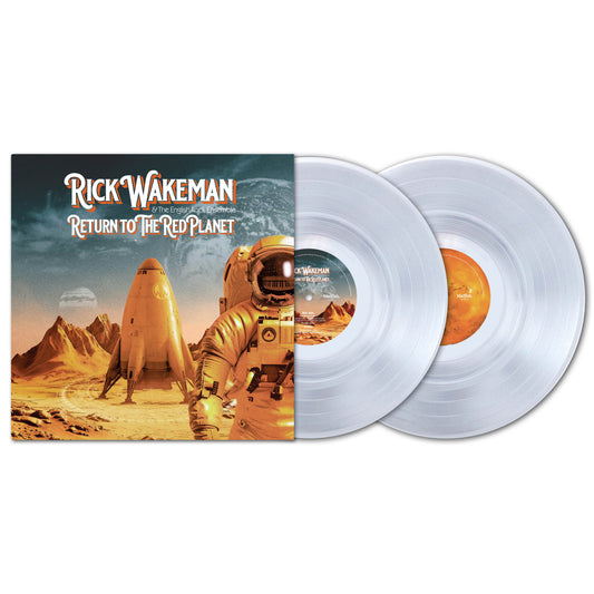 Rick Wakeman - Return To The Red Planet (Crystal Clear) Vinyl Rick Wakeman's 'Return to the Red Planet' vinyl record album with a printed cover and two translucent white records partially visible, shown on a plain white background.