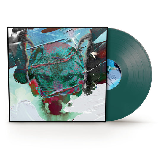 Stereophonics - Scream Above The Sound (Petrol) Vinyl A vinyl record partially pulled from its sleeve, showing a dark teal-green translucent disc and matching abstract cover art with a wolf face in teal, red, black, and white.