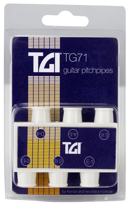 Packaged TGI guitar pitchpipes with a blue background