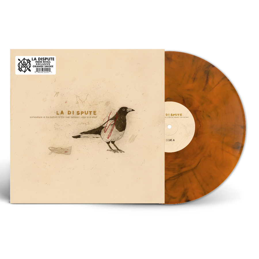 La Dispute - Somewhere At The Bottom Of The River Between Vega And Altair (Orange Smoke) Vinyl A vinyl record partially pulled from its sleeve, shown on a light gray background. The sleeve is a warm cream/beige color with an illustration of a pigeon and the text 'LA DISPUTE'.