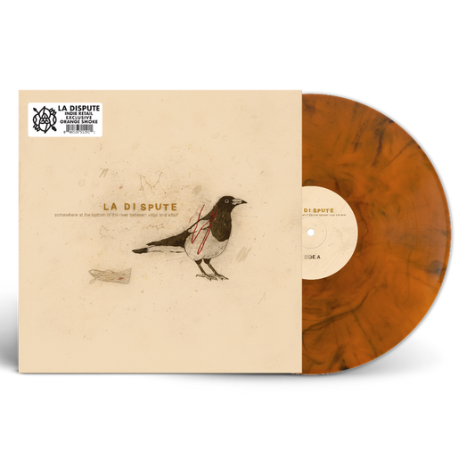La Dispute - Somewhere At The Bottom Of The River Between Vega And Altair (Orange Smoke) Vinyl A vinyl record partially pulled from its sleeve, shown on a light gray background. The sleeve is a warm cream/beige color with an illustration of a pigeon and the text 'LA DISPUTE'.