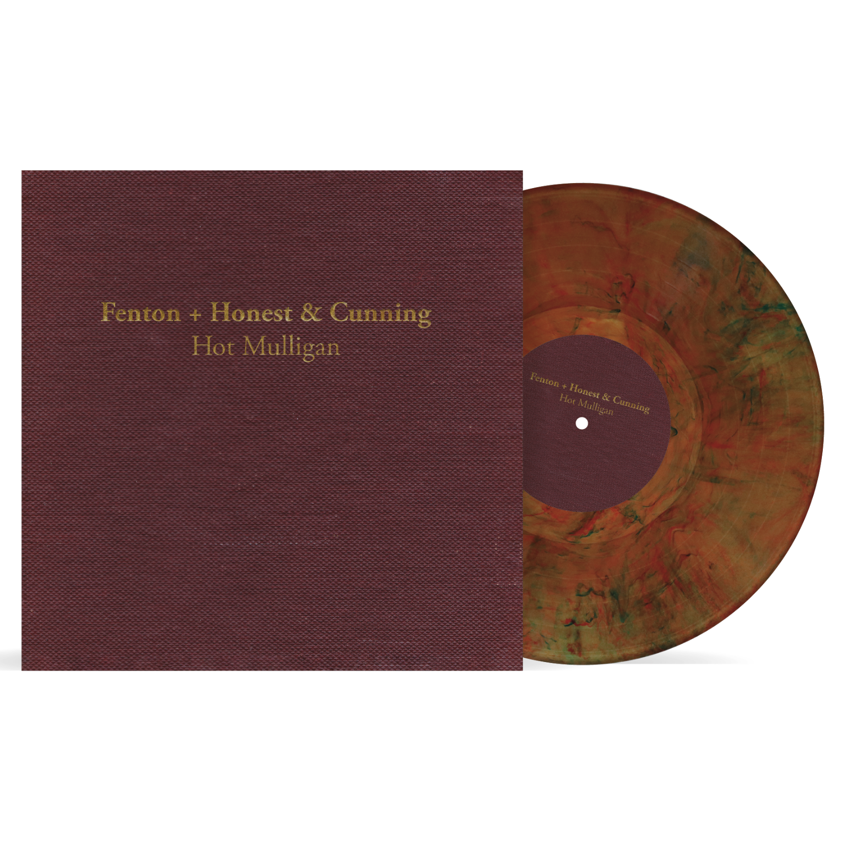 Vinyl record with maroon cover and multicolored disc on a white background