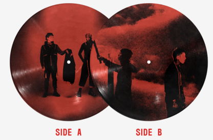 Twenty One Pilots - Breach Vinyl record with silhouettes of people on two sides labeled 'SIDE A' and 'SIDE B'.